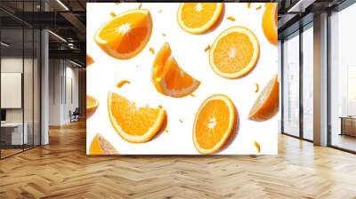 Thin slices of oranges and oranges fall. Isolated transparent background. Wall mural