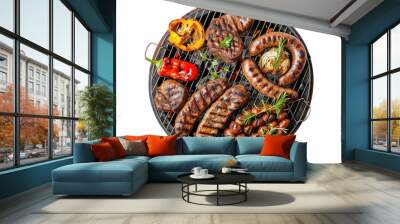 Top view. Assorted delicious grilled meat and bratwurst with vegetables over the coals on a barbecue,Isolated on a transparent background. Wall mural