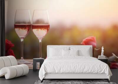 Two elegant wine glasses and rose heart background valentine's day holiday background Wall mural