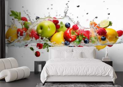 Various fruits and vegetables falling into water isolated on transparent background. PNG file. Wall mural