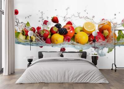 Various fruits and vegetables falling into water isolated on transparent background. PNG file. Wall mural