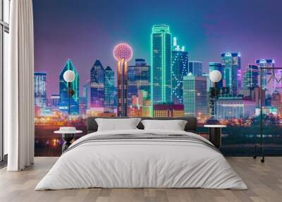 Vibrant city skyline at dusk with a variety of high-rise buildings, creating a captivating contrast between the illuminated cityscape and the darkening sky. Wall mural