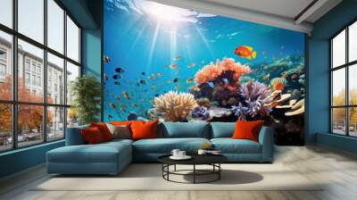 vibrant coral reef teeming with colorful marine life, including clownfish darting among anemones, schools of fish shimmering in the sun-dappled waters Wall mural