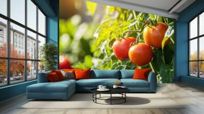 Vibrant organic vegetable garden showcasing ripe tomatoes, peppers, and leafy greens with sunlight filtering through the leaves. Wall mural