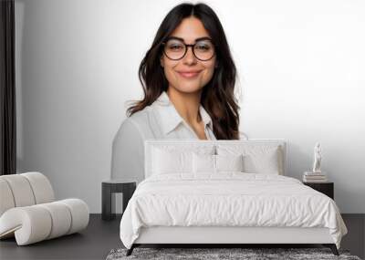 Young brunette woman with glasses, holding a laptop, professional appearance, isolated on white background Wall mural