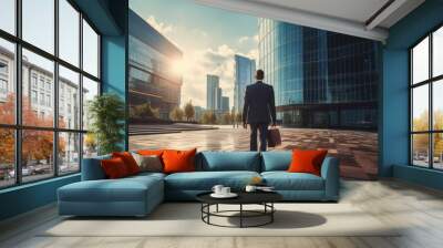 Young businessman holds a briefcase while walking towards a modern office building. Wall mural