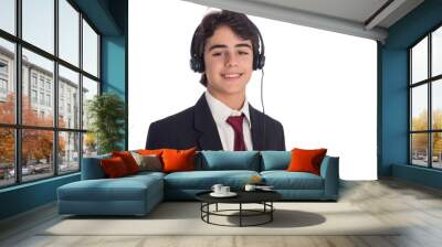 Young male call center representative in formal attire with headset, smiling, isolated on white background Wall mural