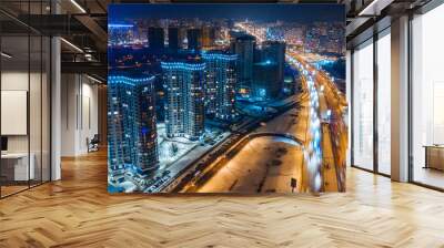 aerial night city view and traffic cars. Drone shot Wall mural