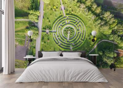 aerial view f green flower bed in the form of a maze. drone shot. natural summer spring background Wall mural