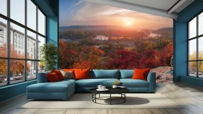 amazing panoramic  view of  blue foggy river and colorful forest on sunrise. autumn landscape Wall mural