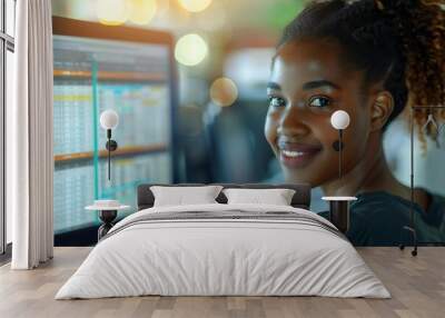 - A close-up shot of a happy young African American businesswoman smiling while calculating an invoice on her computer screen in a corporate office setting. Wall mural