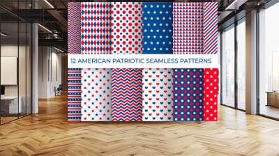 12 American patriotic seamless patterns. USA traditional stars and stripes background set. Red blue white backdrop. Vector template for fabric, textile, wallpaper, wrapping paper, etc Wall mural