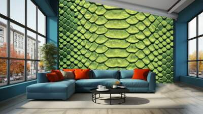 Beautiful green bright python skin, reptile skin texture, multicolored close-up as a background. Wall mural