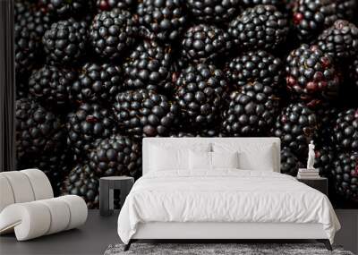 Blackberry berries. Fresh ripe blackberries as background, top view. Juicy ripe black berries in a heap. Texture of blackberries close-up. Wall mural