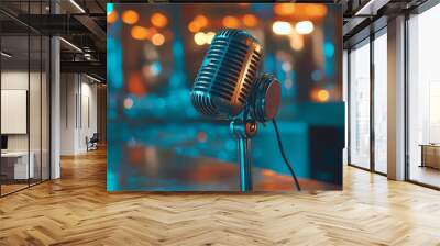 Professional headphones and a studio condenser microphone on an acoustic foam panel background with blue and orange lighting. Wall mural