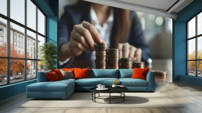 close-up portrait of a young businesswoman carefully stacking coins on her desk, symbolizing financial concepts such as accounting, tax savings, and smart investing. Wall mural