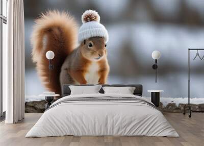 cute squirrel in white winter hat on snow background with copy space, winter, christmas and new year concept Wall mural