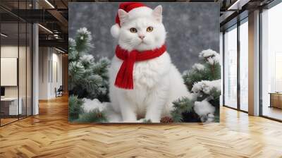 cute white cat in santa's winter hat on snow background with copy space, winter, christmas and new year concept Wall mural