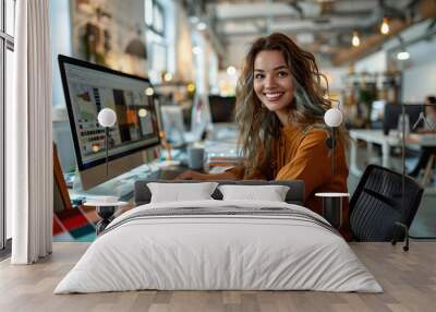 Female Designer Working on Multiple Computers Using High Angle View of Color Swatch Wall mural