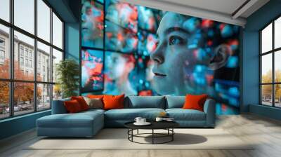 Futuristic holographic screens display a chaotic web of thoughts and emotions in the minds of beautiful individuals, highlighting the struggles of adult ADHD and stress. Wall mural