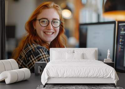 Happy Social Media Manager Crafting Winning Strategy in Office Wall mural