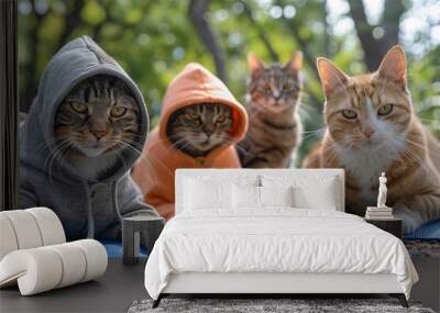 Hoodie Yoga Class: Chill Cats Unwind in Urban Park for Summer Relaxation and Mindfulness Retreat Wall mural