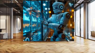 Humanoid robot Using KPI Dashboard With Financial Analytics Graphs. Wall mural