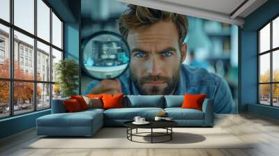 In a futuristic kitchen, a beautiful man with well-groomed beard inspects the state-of-the-art appliances through a holographic magnifying glass. Wall mural