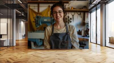 Joyful Seamstress: A Portrait of a Female Tailor in Her Sewing Studio Wall mural