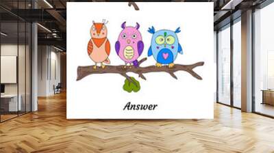 Cute owls on a branch. Find 10 differences. Educational game for children. Cartoon vector illustration Wall mural