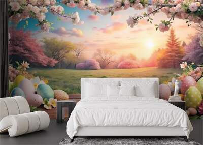 Colorful Easter eggs arranged near blooming trees with sunrise in a scenic landscape Wall mural