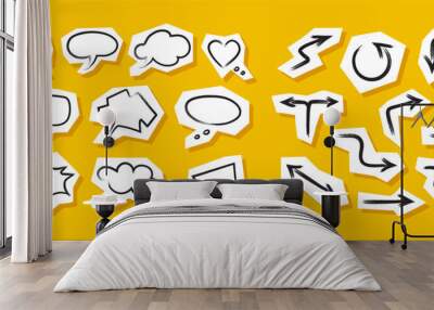 Hand drawn speech bubbles, arrows. Grunge isolated social media stickers. Paper clippings. Editable Wall mural