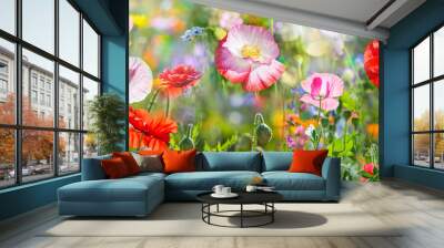 summer meadow with red poppies Wall mural