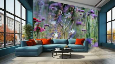 The panoramic view the garden with flowers and butterflies Wall mural