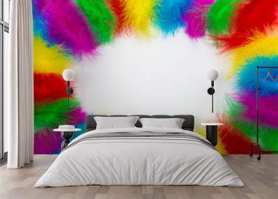 Multicolored bright birds, colorful feathers as a bright festive fun background with space for text for design for design plumage frame Wall mural