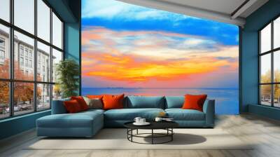 Beautiful sea sunset landscape, ocean sunrise, tropical island beach dawn, palm tree leaves silhouette, blue water, colorful red pink orange yellow sky clouds, sun reflection, summer holidays vacation Wall mural