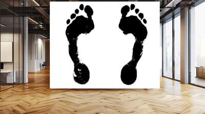 Black human footprint white background isolated closeup, barefoot person foot print pattern illustration, footstep silhouette mark, two bare feet trail painted stamp, ink drawing imprint, sign, symbol Wall mural