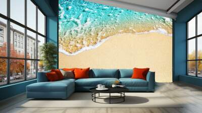 Blue sea wave, white foam, golden sand beach, turquoise ocean water close up, summer holidays border frame concept, tropical island vacation backdrop, tourist travel banner design template, copy space Wall mural