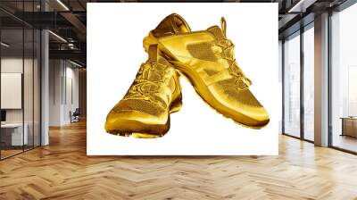 Golden sneakers white background isolated closeup, gold metal sport shoes, luxury running gumshoes, fashion yellow metallic fitness boots, athletic, football footwear, winner, victory, champion symbol Wall mural