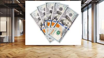 One hundred us dollar banknotes on white background isolated close up, 100 american dollars fan, fanned cash paper money bundle top view Wall mural