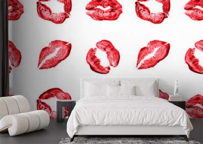 Seamless pattern of red lipstick kiss print on white background isolated, sexy pink lips makeup marks repeating ornament, female kisses wallpaper, beauty make up backdrop, fashion banner, love design Wall mural