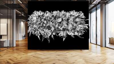 Silver flowers bouquet dark black background isolated closeup, beautiful black white flower bunch, shiny gray metal leaves, floral branch, decorative border pattern, design element, vintage decoration Wall mural