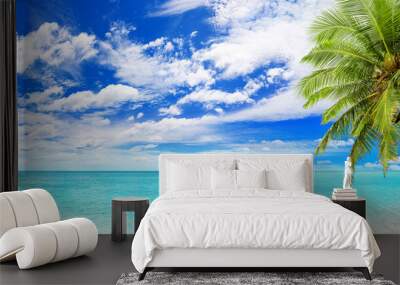 Tropical island beach panorama, turquoise sea lagoon, blue water ocean bay panoramic view, green palm tree leaves, white sand, sun, sky, clouds, summer holidays, Maldives vacation, Caribbean landscape Wall mural