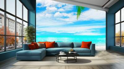 Tropical island paradise beach, green coconut palm tree leaf, sand, blue sea water turquoise ocean, sun sky white cloud, beautiful landscape, summer holidays, vacation, travel banner, empty copy space Wall mural