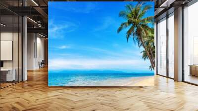 Tropical island paradise sea beach, beautiful nature landscape, coconut palm tree leaves, turquoise ocean water, sun blue sky white cloud, sand, Caribbean, Maldives, Thailand summer holidays, vacation Wall mural