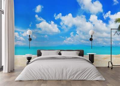 Tropical island sea beach, beautiful paradise nature panorama landscape, coconut palm tree green leaves, turquoise ocean water, blue sky sun white cloud, yellow sand, summer holidays, vacation, travel Wall mural