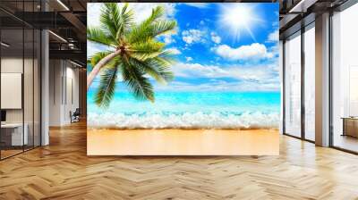 Tropical island sea beach landscape, green coconut palm tree leaves, turquoise ocean water waves, blue sky sun white clouds, yellow sand, summer holidays, vacation, travel, beautiful paradise nature Wall mural