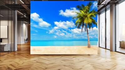 Tropical island sea beach landscape, one coconut palm tree green leaves, turquoise ocean water wave, blue sky sun white cloud, yellow sand, summer holidays, vacation, travel, beautiful paradise nature Wall mural