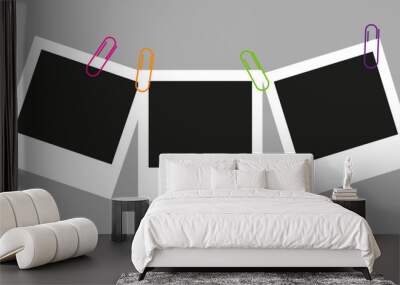 Polaroid camera frames photo mockup scrapbook on a gray wall. Colored paper clips. Black photo frame template. Vector illustration. Wall mural