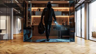 Robber with flashlight and bag walking in living room. Wall mural